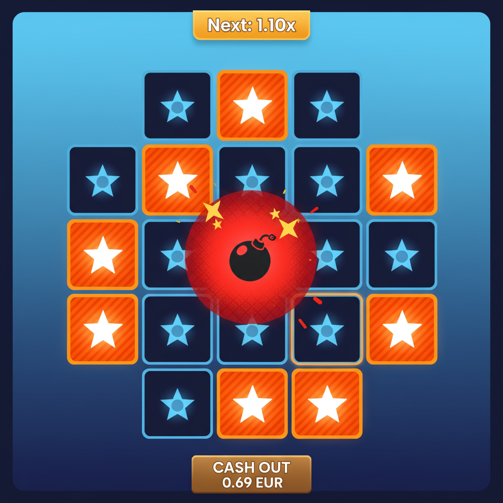 Griglia 5x5 di Mines durante una partita attiva con stelle rivelate arancioni, mine rosse esplose e caselle nascoste