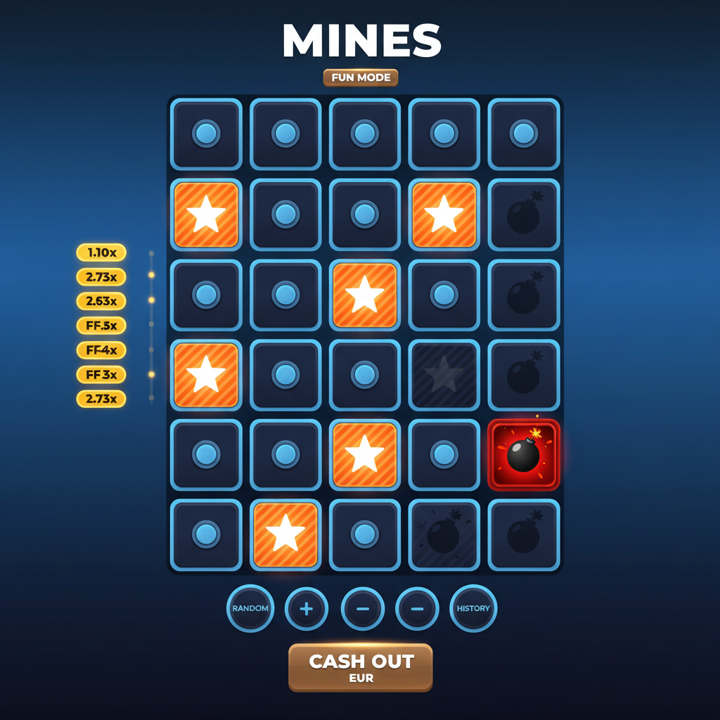 Griglia 5x5 Mines con caselle rivelate e moltiplicatori progressivi