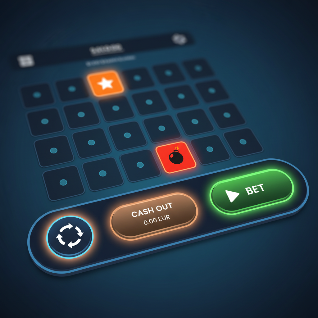 Pannello di controllo di Mines SPRIBE con pulsanti BET, CASH OUT e RANDOM evidenziati