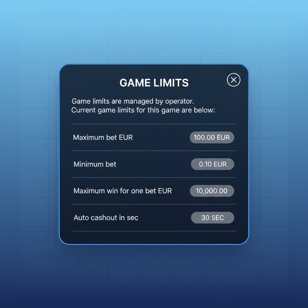 Schermata Game Limits di Mines SPRIBE con scommessa minima, massima, vincita massima e timer auto cashout