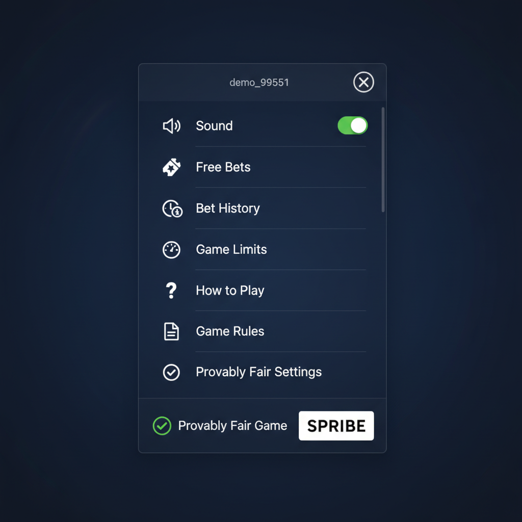 Menu impostazioni laterale di Mines SPRIBE con opzioni Sound, Free Bets, Bet History, Game Limits, How to Play e badge Provably Fair