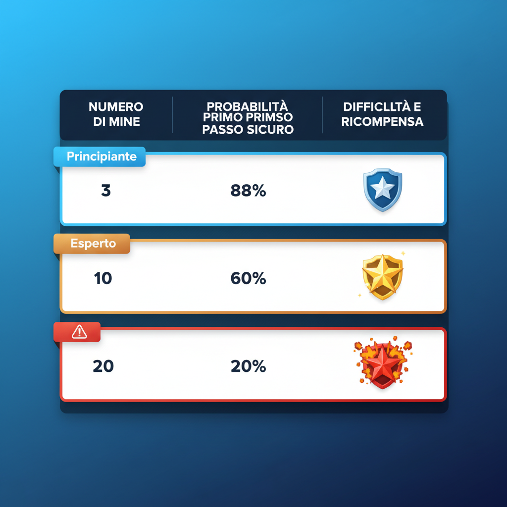 Tabella comparativa delle probabilità di successo per diverse configurazioni di mine in Mines SPRIBE