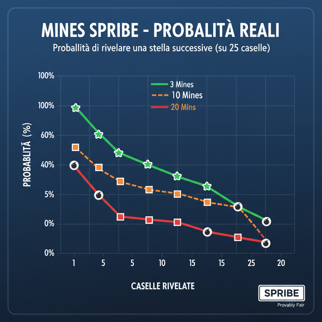 Grafico delle probabilità reali per casella rivelata in Mines SPRIBE