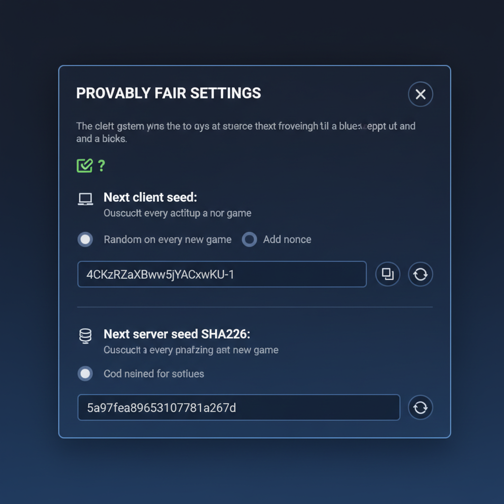 Schermata delle impostazioni Provably Fair di Mines con client seed e server seed SHA256