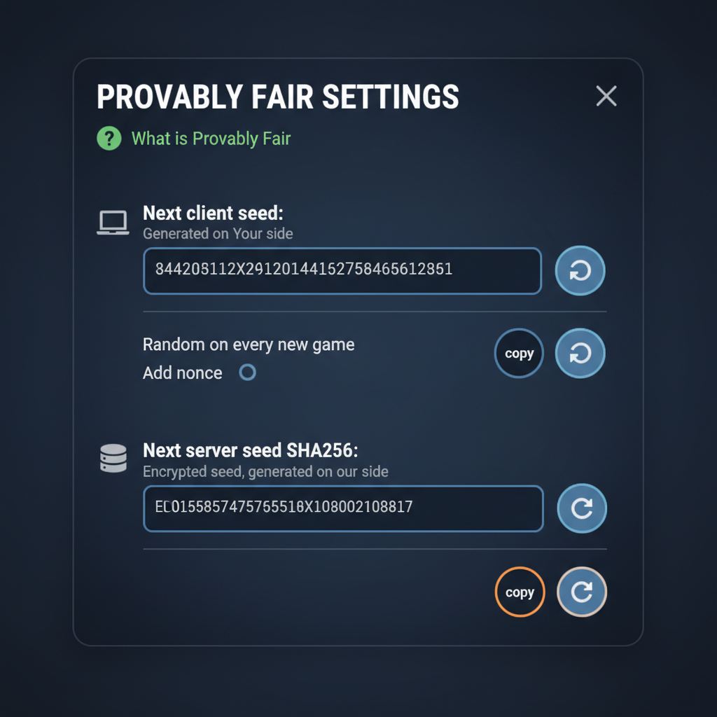 Schermata di verifica Provably Fair con client seed e server seed SHA256 per Mines SPRIBE