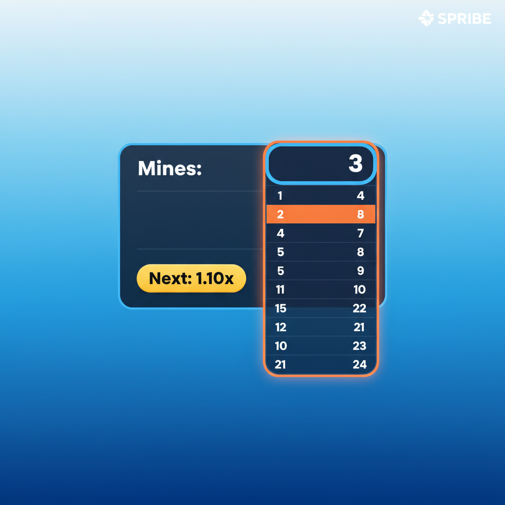 Menu a tendina per selezionare il numero di mine da 1 a 24 in Mines SPRIBE