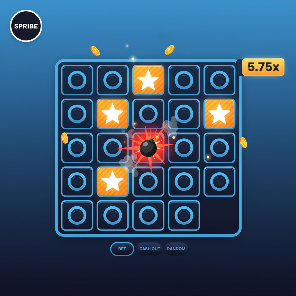 Mines SPRIBE recensione 2026 - griglia di gioco 5x5 con stelle e mine rivelate