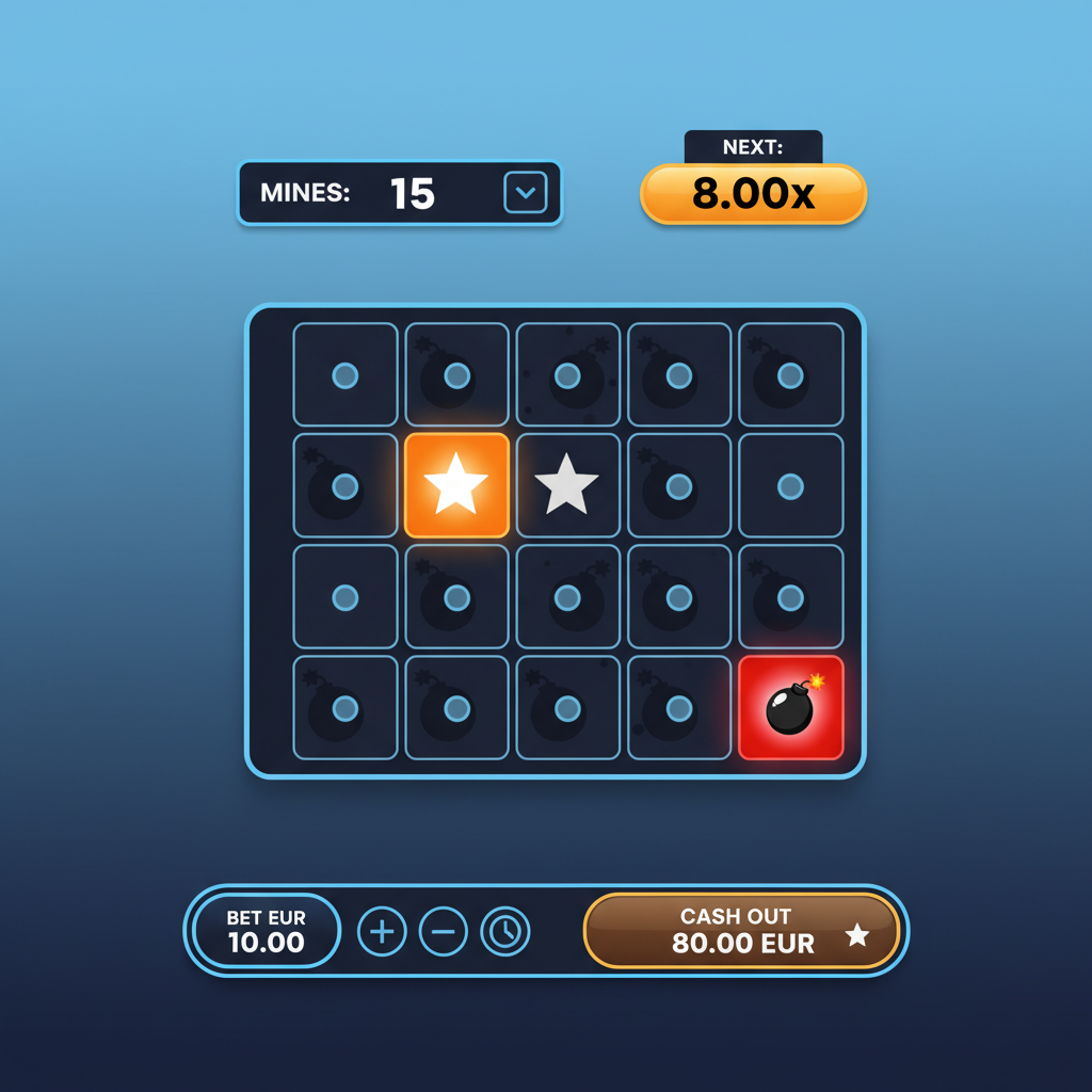 Configurazione aggressiva di Mines con 15 mine selezionate e moltiplicatori alti